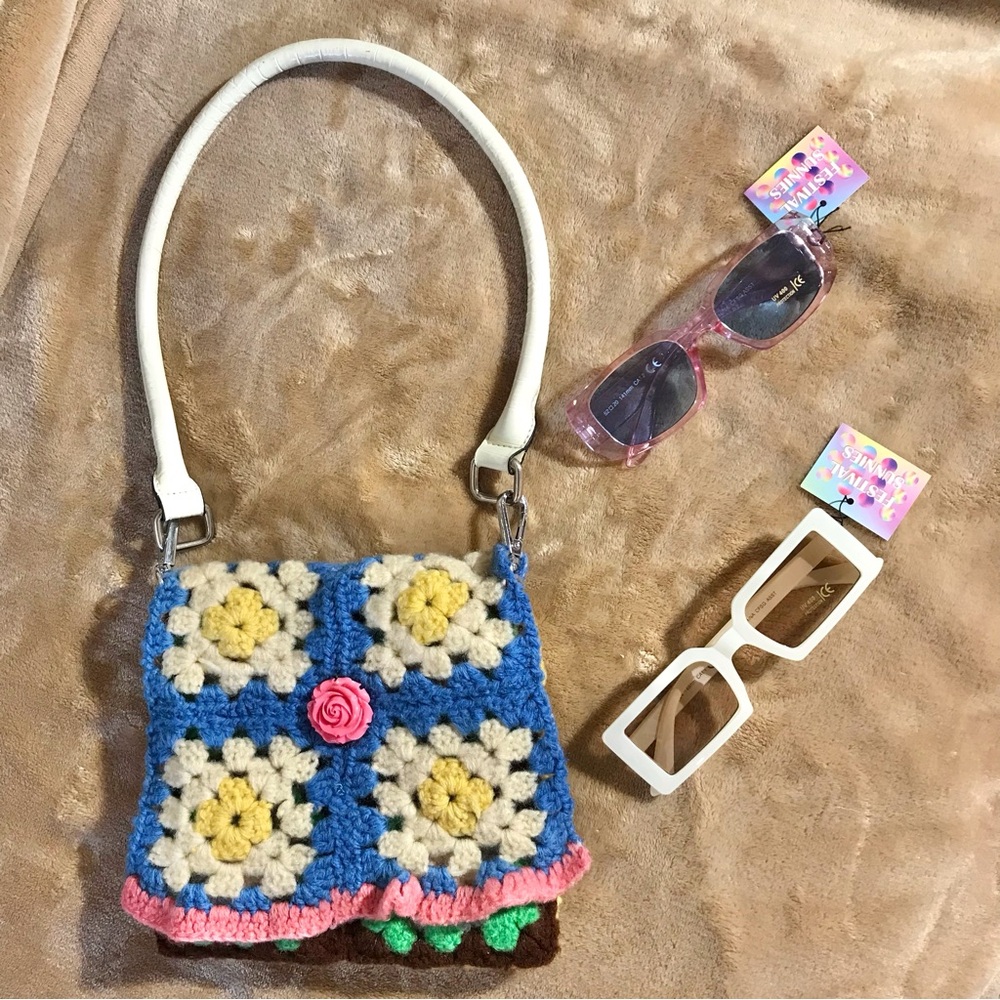 Handmade Crochet 70s Quilt Bag OOAK + 2 UV Fall Sunglasses NWT Boho Chic Gift